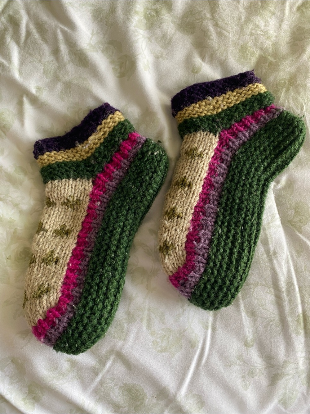 Handmade Knitted Slippers/mukluks in Green, Cream & Pink